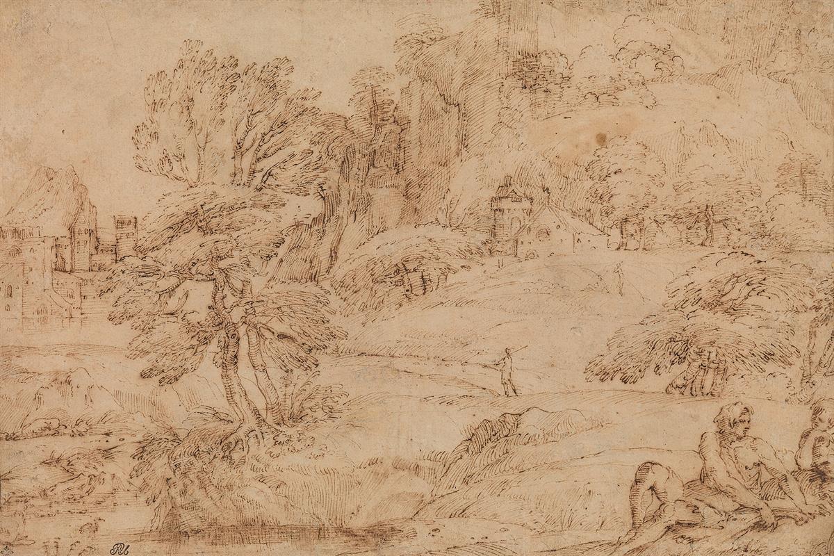 FRANCISCO BRIZIO (Bologna 1574-1623 Bologna) A Landscape with a Shepherd and Seated Figures.